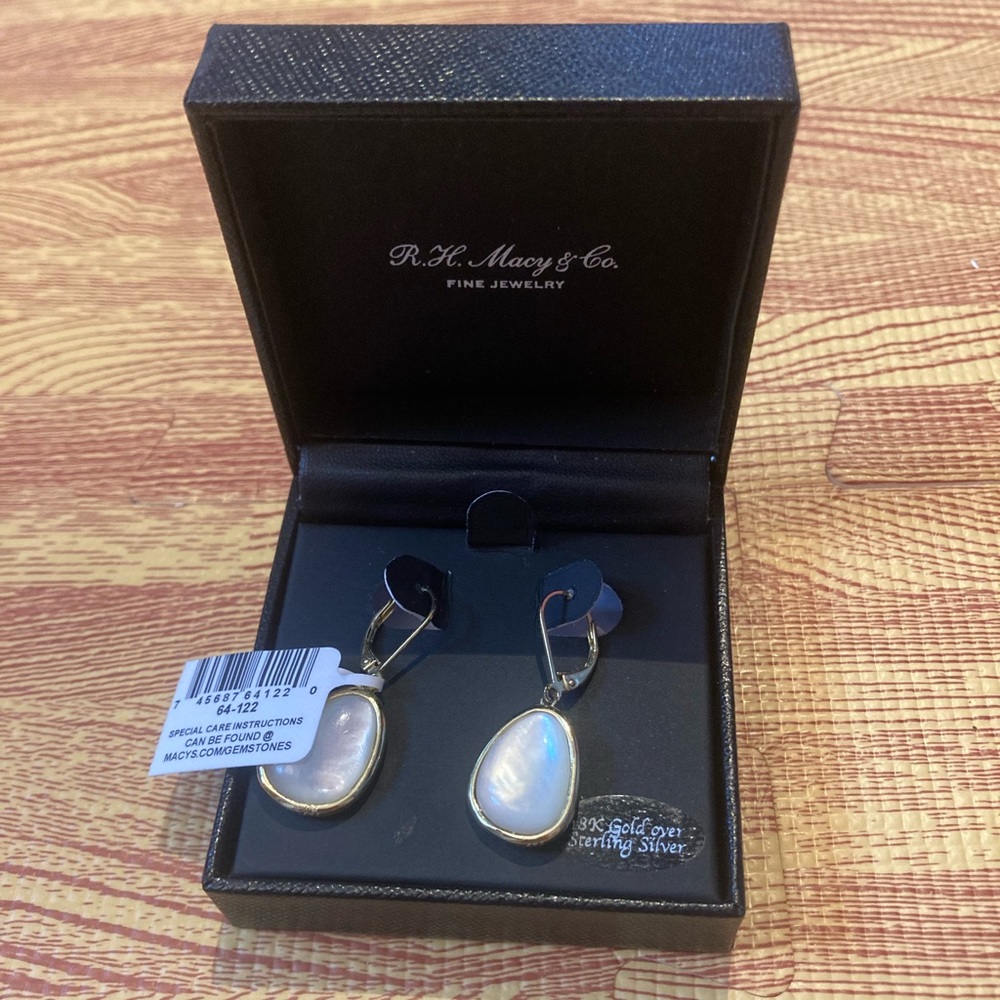 NWT, Macy’s, Mother of Pearl Abstract Earring in 18k Gold Over Sterling Silver